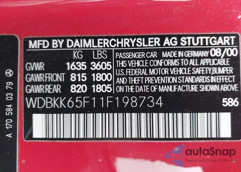 2001 Mercedes-Benz Slk 320 z USA, uszkodzony, nr VIN WDBKK65F11F198734